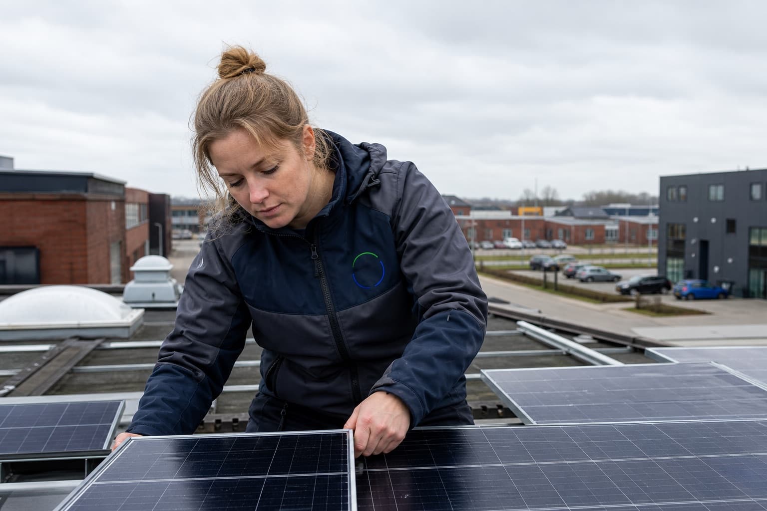 Technicus bij zonnepanelen op een bedrijfspand